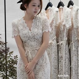 Váy ren cổ V .váy ren cộc tay dáng dài chiết eo kèm ảnh thật 3