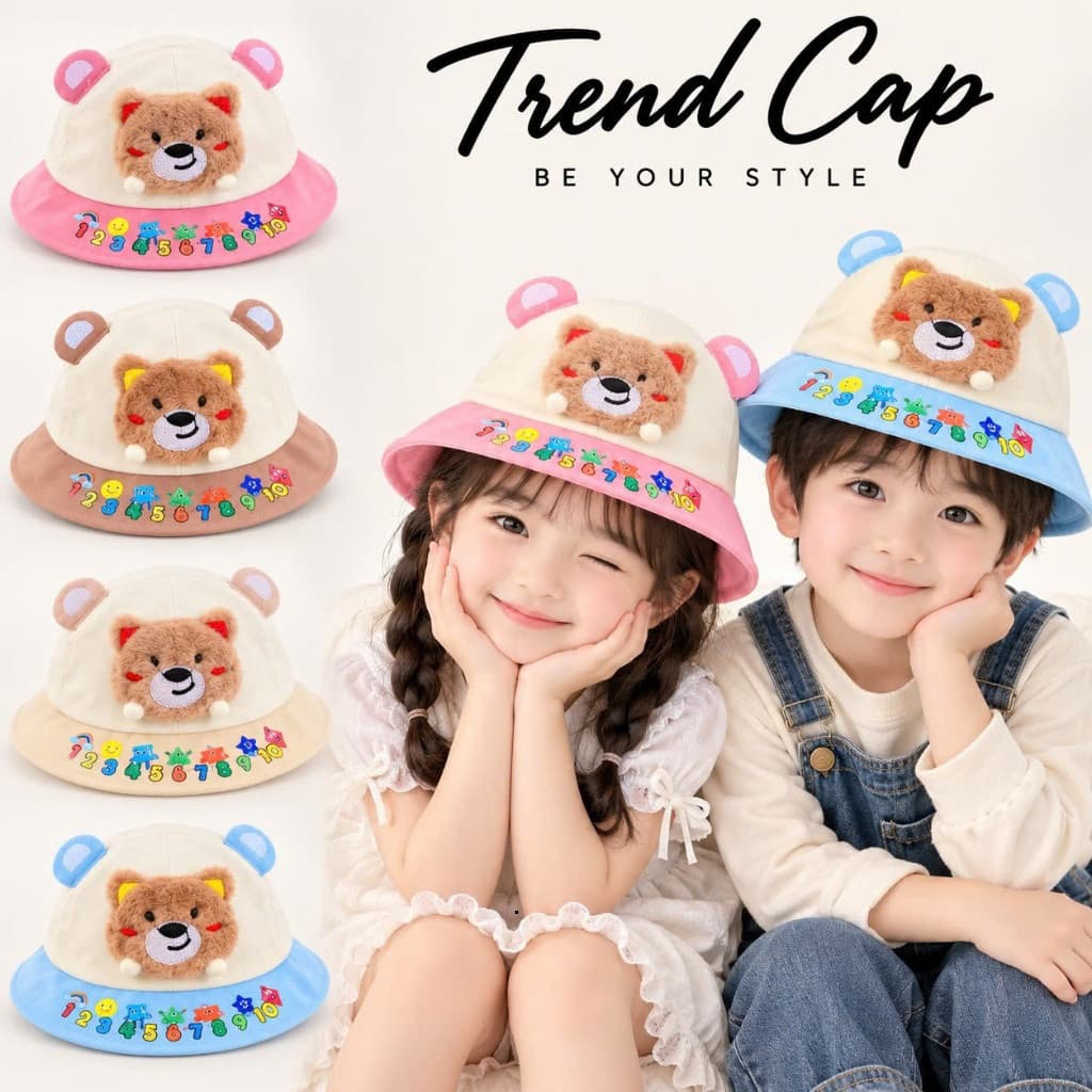 Mũ Vành Trẻ Em Hình Gấu 3D Siêu Dễ Thương – Mũ Tai Gấu Thêu Số Nhiều Màu Cho Bé Trai Bé Gái 1-4 Tuổi