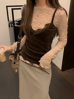 DANGMYCLOSET - Set Áo 2 Dây Nhung Ren Phối Áo Ren Mỏng Dài Tay Hot 4