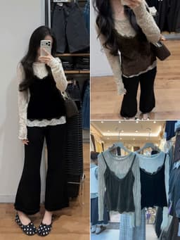 DANGMYCLOSET - Set Áo 2 Dây Nhung Ren Phối Áo Ren Mỏng Dài Tay Hot 2