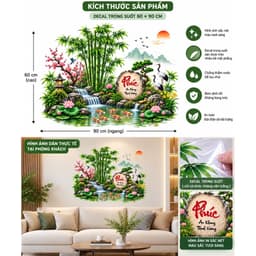 Decal Dán Tường Tiểu Cảnh Tre Sen Hạc Cá Koi Thác Nước, Tranh Dán Trang Trí Phòng Khách Decal Tuyết An 3