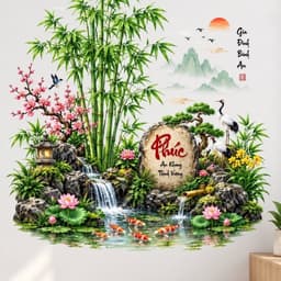 Decal Dán Tường Tiểu Cảnh Tre Sen Hạc Cá Koi Thác Nước, Tranh Dán Trang Trí Phòng Khách Decal Tuyết An 2