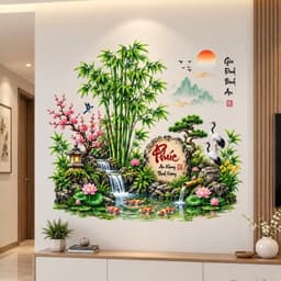 Decal Dán Tường Tiểu Cảnh Tre Sen Hạc Cá Koi Thác Nước, Tranh Dán Trang Trí Phòng Khách Decal Tuyết An 1