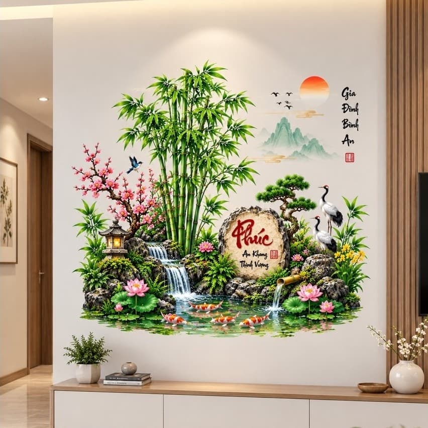 Decal Dán Tường Tiểu Cảnh Tre Sen Hạc Cá Koi Thác Nước, Tranh Dán Trang Trí Phòng Khách Decal Tuyết An