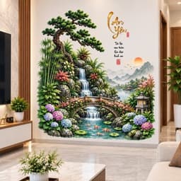 Decal Dán Tường Phong Cảnh Tùng Tre Thác Nước Cá Koi, Tranh Dán Tường Tiểu Cảnh An Yên Trang Trí Phòng Khách 1