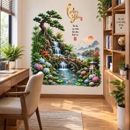 Decal Dán Tường Phong Cảnh Tùng Tre Thác Nước Cá Koi, Tranh Dán Tường Tiểu Cảnh An Yên Trang Trí Phòng Khách 2