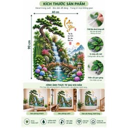 Decal Dán Tường Phong Cảnh Tùng Tre Thác Nước Cá Koi, Tranh Dán Tường Tiểu Cảnh An Yên Trang Trí Phòng Khách 3