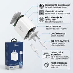 Bộ Sạc Nhanh 25W APEST AP-S200 PD Chuẩn EU Kèm Củ Sạc Và Cáp Sạc Type-C to Type-C Bọc Dù Siêu Bền Cho IP & Adroi 2