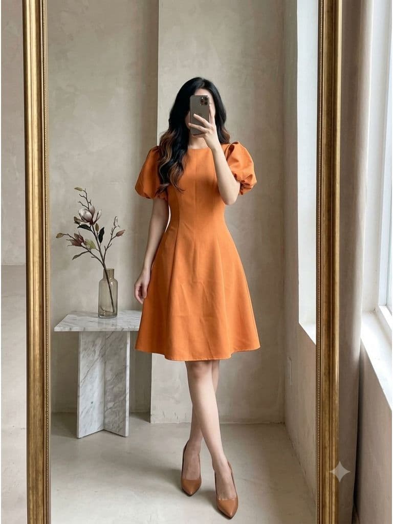 [2hand] Đầm thun tây ngắn xoè tay bồng tôn dáng cam đất size S M nhỏ