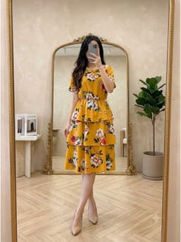 [2hand] Đầm voan hoa to cam eo chun váy 3 tầng freesize đến L 1