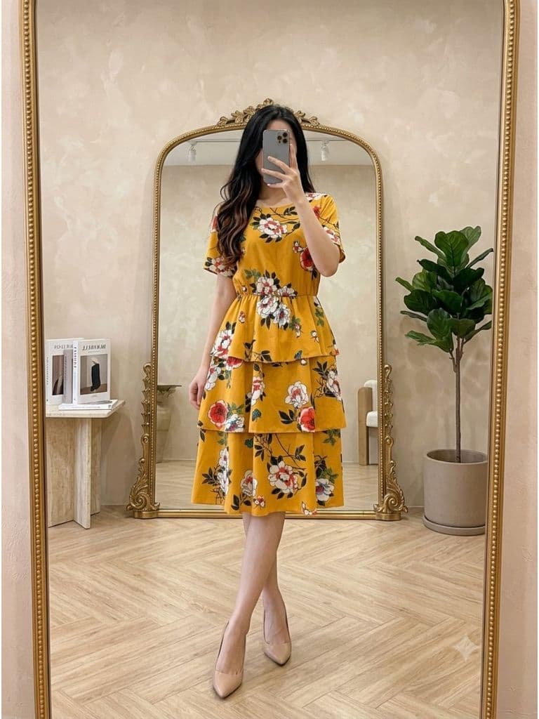 [2hand] Đầm voan hoa to cam eo chun váy 3 tầng freesize đến L