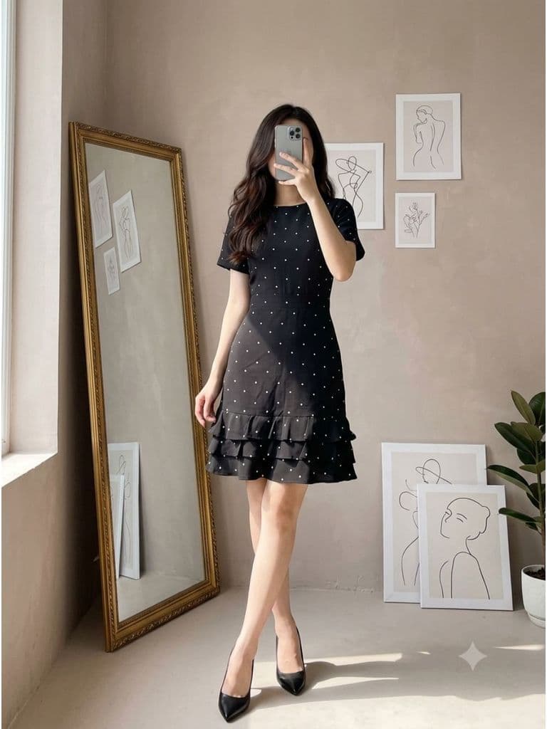 [2hand] Đầm chấm bi đuôi cá cộc tay tôn dáng size S