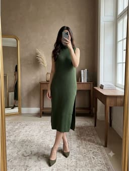 [2hand] Đầm len gân xanh rêu cổ lọ khoét nách xẻ tà siêu co giãn freesize đến 3 XL 1