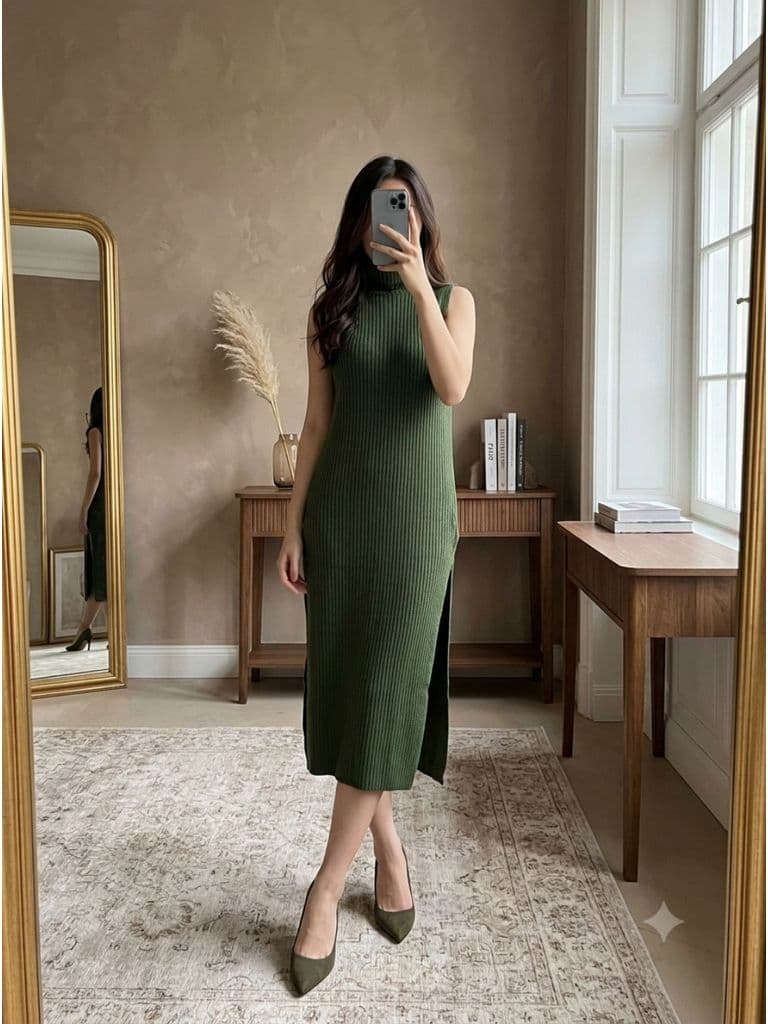 [2hand] Đầm len gân xanh rêu cổ lọ khoét nách xẻ tà siêu co giãn freesize đến 3 XL