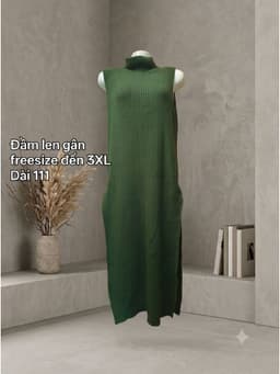 [2hand] Đầm len gân xanh rêu cổ lọ khoét nách xẻ tà siêu co giãn freesize đến 3 XL 2