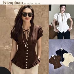 Áo Kiểu Nữ Tay Phồng Cột Dây Chun Nhún Eo Phối Bèo Nút Cài Dáng Ôm Vintage Kieupham.shop 1