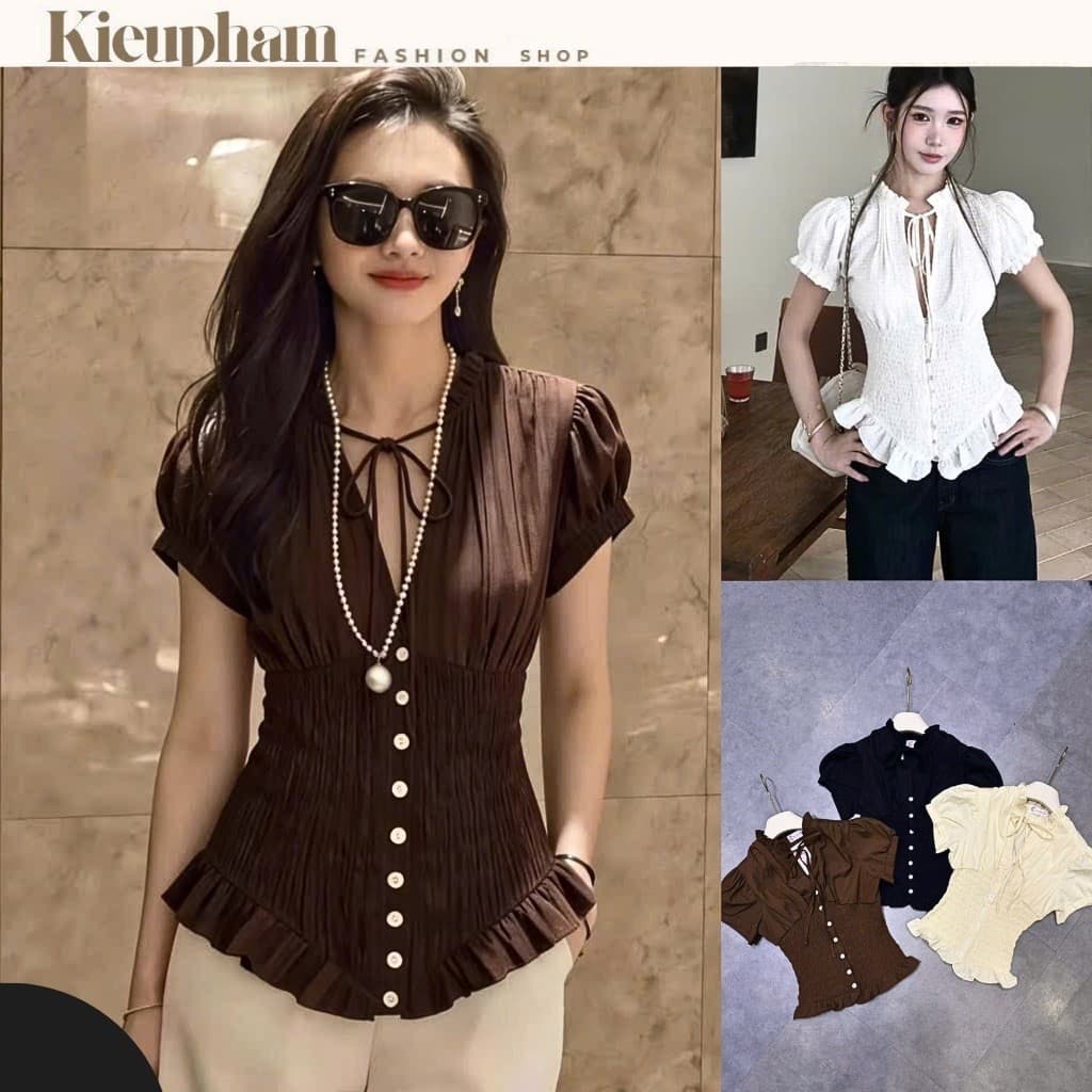 Áo Kiểu Nữ Tay Phồng Cột Dây Chun Nhún Eo Phối Bèo Nút Cài Dáng Ôm Vintage Kieupham.shop