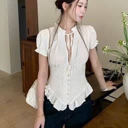 Áo Kiểu Nữ Tay Phồng Cột Dây Chun Nhún Eo Phối Bèo Nút Cài Dáng Ôm Vintage Kieupham.shop 5