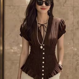 Áo Kiểu Nữ Tay Phồng Cột Dây Chun Nhún Eo Phối Bèo Nút Cài Dáng Ôm Vintage Kieupham.shop 3