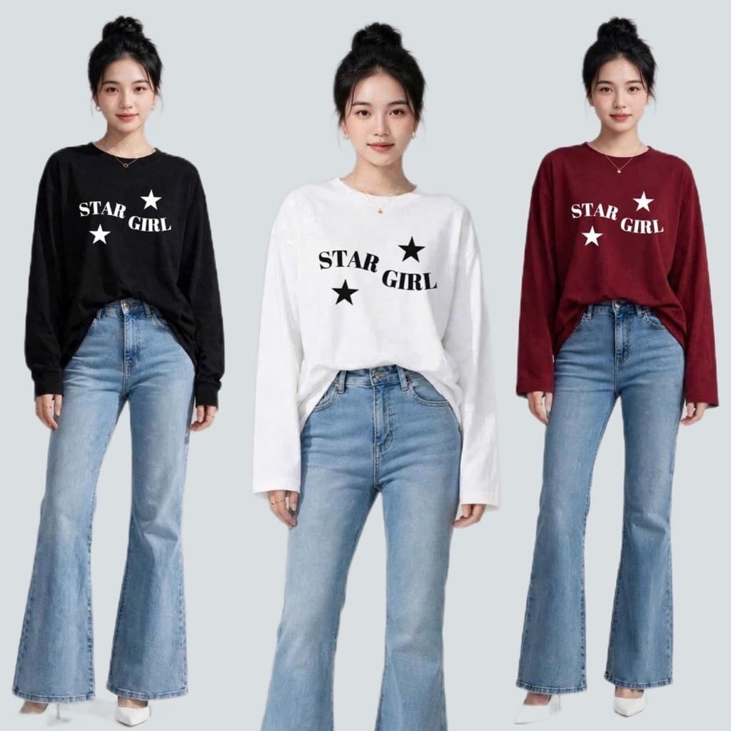 Áo thun dài tay cotton in chữ star girl kèm ngôi sao style đơn giản hằng ngày BYN BYN CT STARGIRL