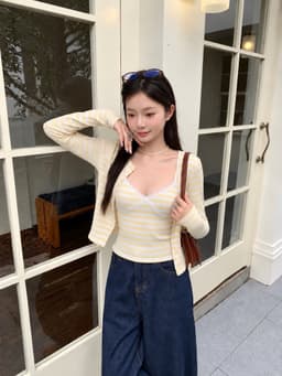 Set Áo Kiểu Kẻ Sọc Ngang Gồm Áo 2 Dây Phối Ren và Áo Khoác Tay Dài Cardigan 4
