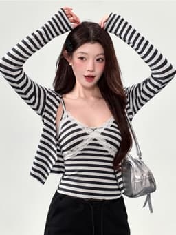 Set Áo Kiểu Kẻ Sọc Ngang Gồm Áo 2 Dây Phối Ren và Áo Khoác Tay Dài Cardigan 6