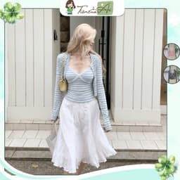 Set Áo Kiểu Kẻ Sọc Ngang Gồm Áo 2 Dây Phối Ren và Áo Khoác Tay Dài Cardigan 1
