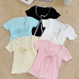 Set áo kiểu nữ gồm áo 2 dây đính nơ và áo khoác tay ngắn viền phối ren chất thun rip lụa mềm mịn 7