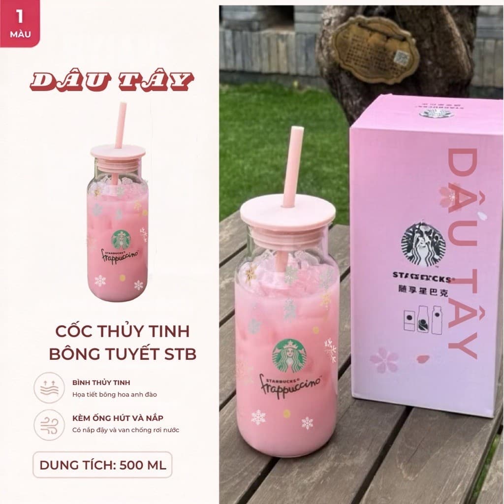 DÂU TÂY ( KÈM ẢNH THẬT ) Cốc Thủy Tinh Hoạ Tiết Bông Tuyết Có Ống Hút Và Nắp Đậy Màu Hồng Bình Nước Kèm Hộp