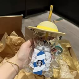 ĐEN _ STORE ( KÈM ẢNH THẬT ) Bình Nước Thủy Tinh Hình Gấu STB Đội Mũ Kèm Ống Hút Bình Gấu Bearbrick 1