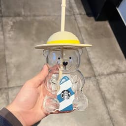 ĐEN _ STORE ( KÈM ẢNH THẬT ) Bình Nước Thủy Tinh Hình Gấu STB Đội Mũ Kèm Ống Hút Bình Gấu Bearbrick 3