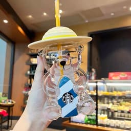 ĐEN _ STORE ( KÈM ẢNH THẬT ) Bình Nước Thủy Tinh Hình Gấu STB Đội Mũ Kèm Ống Hút Bình Gấu Bearbrick 4