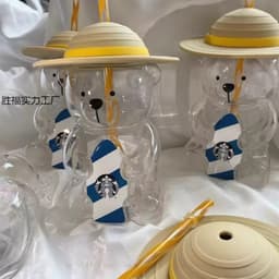 ĐEN _ STORE ( KÈM ẢNH THẬT ) Bình Nước Thủy Tinh Hình Gấu STB Đội Mũ Kèm Ống Hút Bình Gấu Bearbrick 2