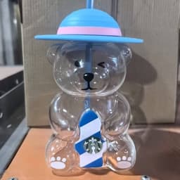 ĐEN _ STORE ( KÈM ẢNH THẬT ) Bình Nước Thủy Tinh Hình Gấu STB Đội Mũ Kèm Ống Hút Bình Gấu Bearbrick 6