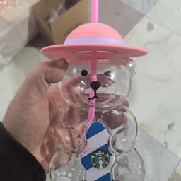 ĐEN _ STORE ( KÈM ẢNH THẬT ) Bình Nước Thủy Tinh Hình Gấu STB Đội Mũ Kèm Ống Hút Bình Gấu Bearbrick 8