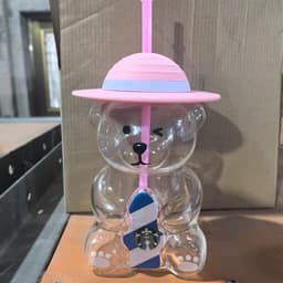 ĐEN _ STORE ( KÈM ẢNH THẬT ) Bình Nước Thủy Tinh Hình Gấu STB Đội Mũ Kèm Ống Hút Bình Gấu Bearbrick 5