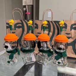 ĐEN _ STORE ( KÈM ẢNH THẬT ) Bình Thủy Tinh STB Snoopy Đội Mũ Len Kèm Khăn Choàng Bình Đựng Nước, Trà Sữa Hot Trend 7