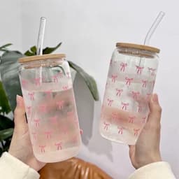 ĐEN _ STORE ( KÈM ẢNH THẬT ) Ly Thủy Tinh Dạng Lon Nắp Gỗ Kèm Ống Hút Họa Tiết Cute Cốc Thủy Tinh Cà Phê Trà Sữa 2