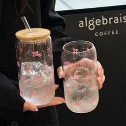 ĐEN _ STORE ( KÈM ẢNH THẬT ) Ly Thủy Tinh Dạng Lon Nắp Gỗ Kèm Ống Hút Họa Tiết Cute Cốc Thủy Tinh Cà Phê Trà Sữa 5