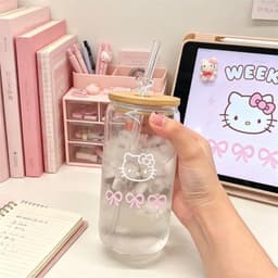 ĐEN _ STORE ( KÈM ẢNH THẬT ) Ly Thủy Tinh Dạng Lon Nắp Gỗ Kèm Ống Hút Họa Tiết Cute Cốc Thủy Tinh Cà Phê Trà Sữa 1