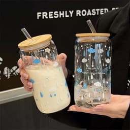 ĐEN _ STORE ( KÈM ẢNH THẬT ) Ly Thủy Tinh Dạng Lon Nắp Gỗ Kèm Ống Hút Họa Tiết Cute Cốc Thủy Tinh Cà Phê Trà Sữa 3