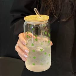 ĐEN _ STORE ( KÈM ẢNH THẬT ) Ly Thủy Tinh Dạng Lon Nắp Gỗ Kèm Ống Hút Họa Tiết Cute Cốc Thủy Tinh Cà Phê Trà Sữa 7