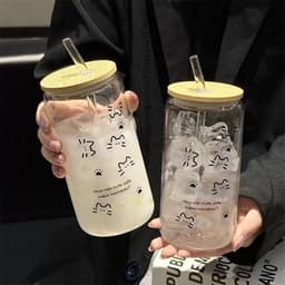 ĐEN _ STORE ( KÈM ẢNH THẬT ) Ly Thủy Tinh Dạng Lon Nắp Gỗ Kèm Ống Hút Họa Tiết Cute Cốc Thủy Tinh Cà Phê Trà Sữa 4