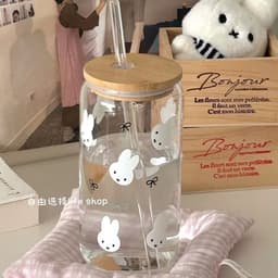 ĐEN _ STORE ( KÈM ẢNH THẬT ) Ly Thủy Tinh Dạng Lon Nắp Gỗ Kèm Ống Hút Họa Tiết Cute Cốc Thủy Tinh Cà Phê Trà Sữa 6