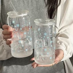 ĐEN _ STORE ( KÈM ẢNH THẬT ) Ly Thủy Tinh Dạng Lon Nắp Gỗ Kèm Ống Hút Họa Tiết Cute Cốc Thủy Tinh Cà Phê Trà Sữa 8