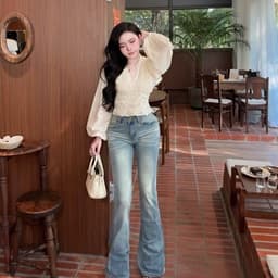 Áo dài tay phồng cổ V ren  dáng ôm nữ phong cách nhẹ nhàng 9