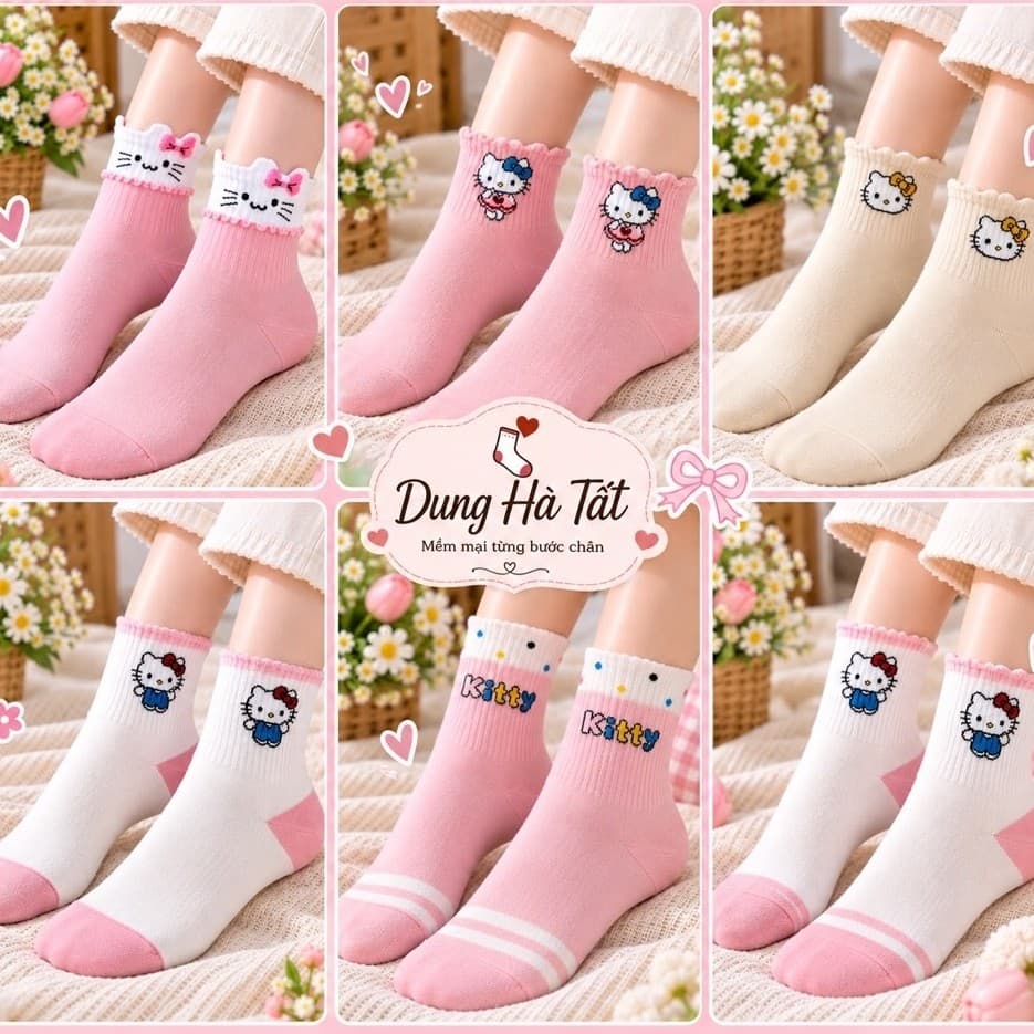 Tất Nữ Chất Cotton Hoạ Tiết Kitti Hồng Mới Siêu Xinh