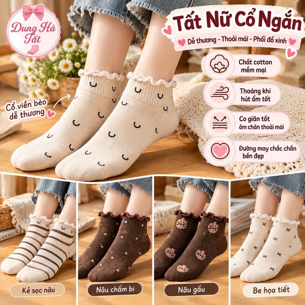 Tất Nữ Cổ Ngắn Chất Cotton  Set 10 Đôi Nhiều Mẫu Xinh xỉu