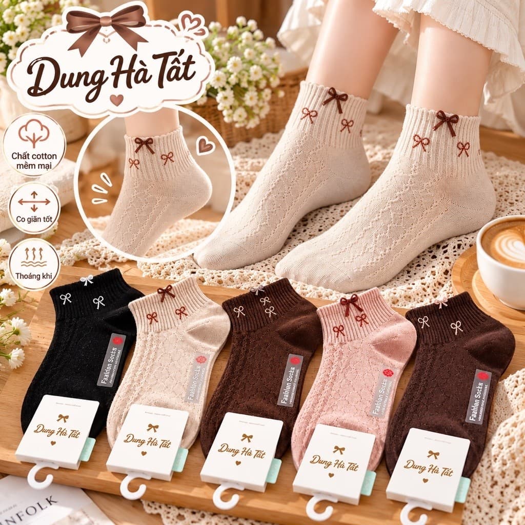 Tất Nữ Cổ Ngắn Chất Cotton Mềm Mại set 10 đôi Hoạ Tiết Nơ A6
