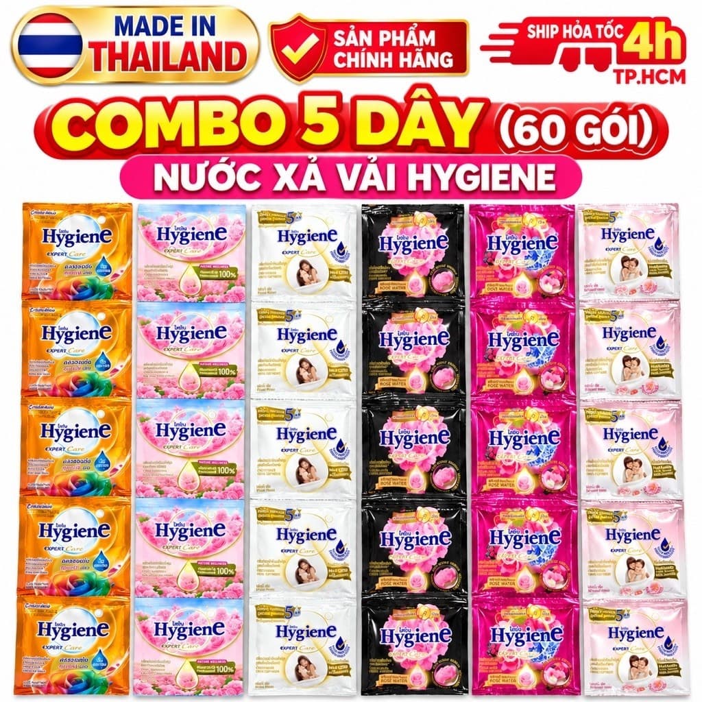 [CHUẨN THÁI] 60 GÓI NƯỚC XẢ VẢI HYGIENE NỘI ĐỊA THÁI LAN 20ml/gói(12 gói/ dây)
